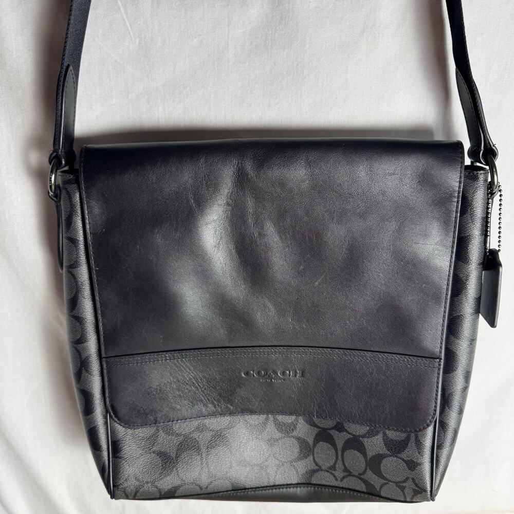 Coach F73339 Sullivan Messenger Bag Signature Coated Canvas Black Gray Leather